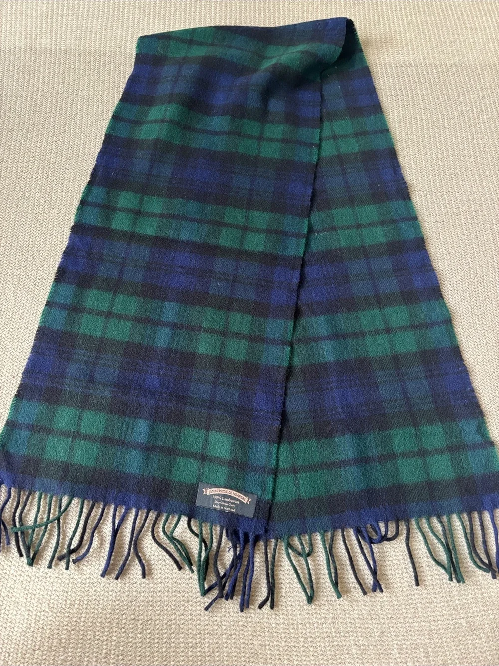 Tartan Lamb’s Wool Scarf in Green and Navy Plaid made in Scotland